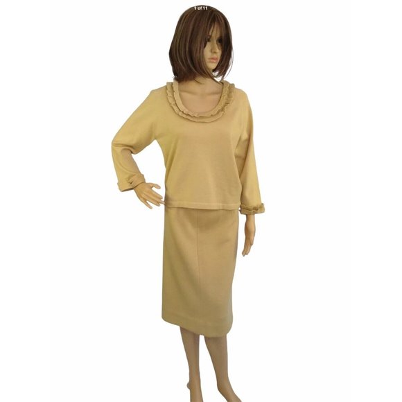 By Damon Vintage Skirt Sweater Set 10 Yellow 100% Wool Midi Pencil Ruffle Italy - Picture 1 of 11